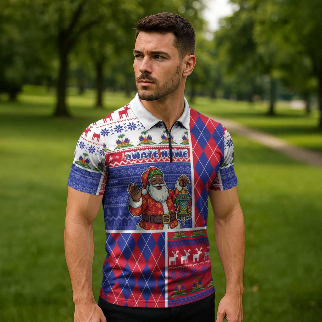Haiti Christmas Zipper Polo Shirt Santa With Fanal Haitian Patchwork Style - Wonder Print Shop