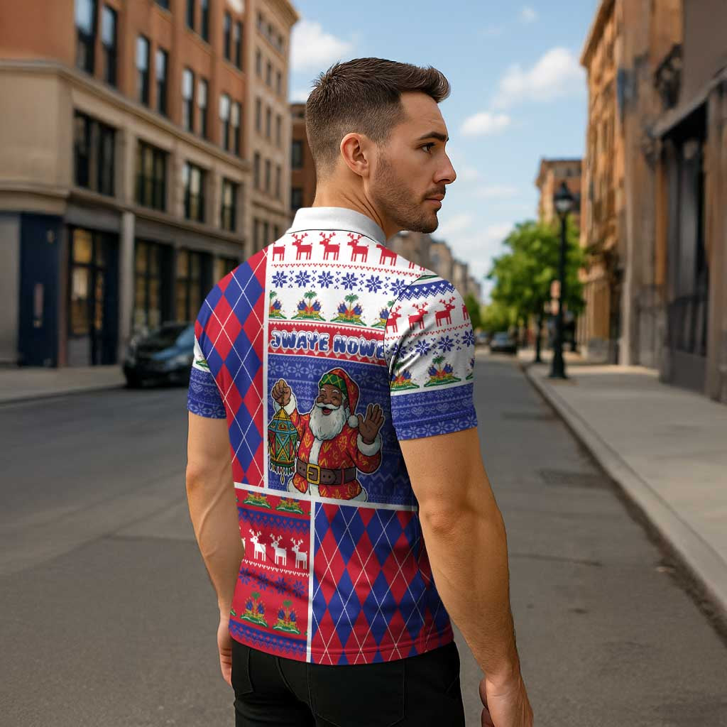 Haiti Christmas Zipper Polo Shirt Santa With Fanal Haitian Patchwork Style - Wonder Print Shop