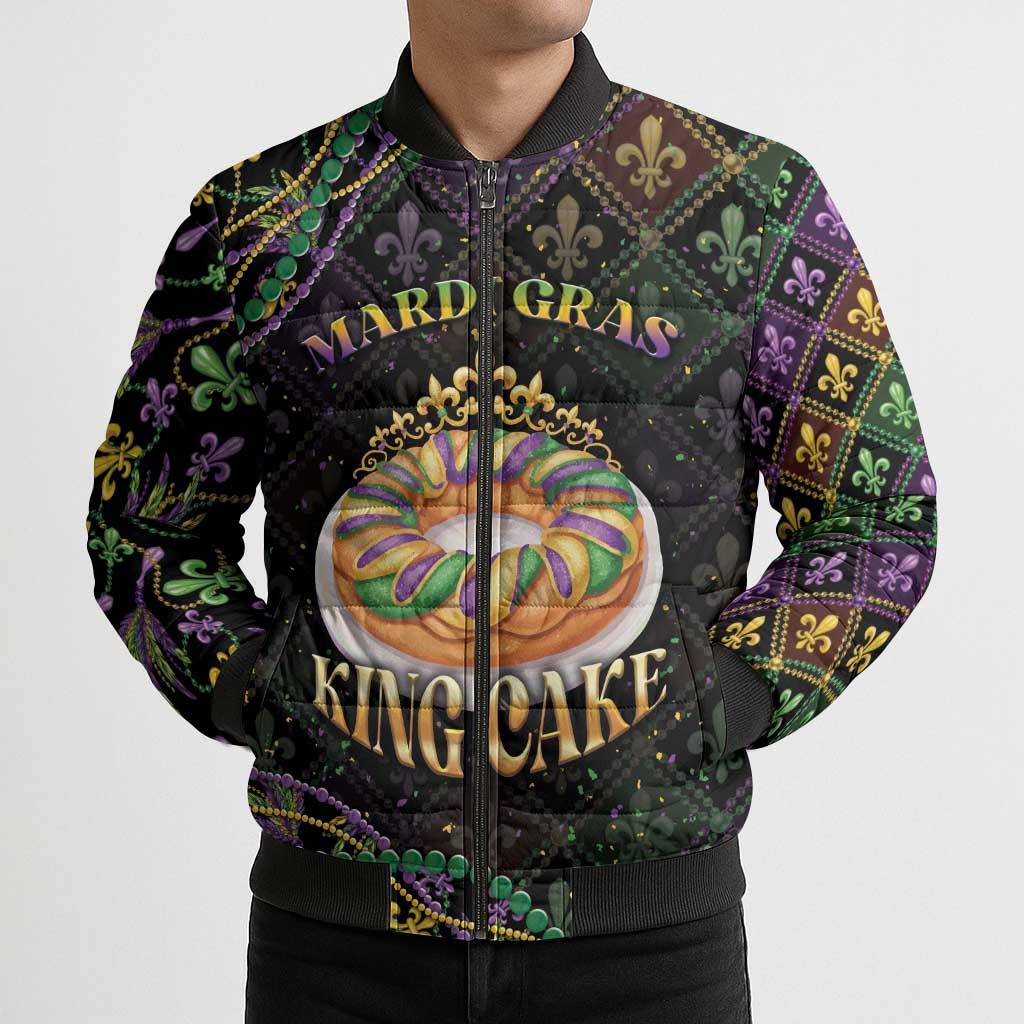 Personalized Mardi Gras Bomber Puffer Jacket King Cake Royal