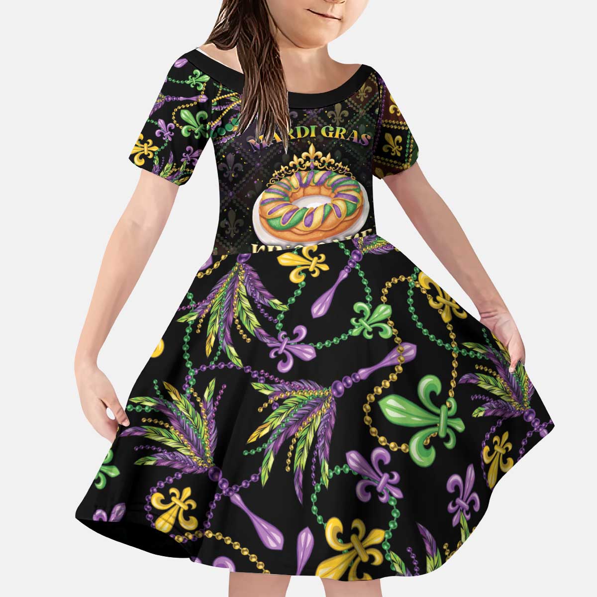 Personalized Mardi Gras Kid Short Sleeve Dress King Cake Royal