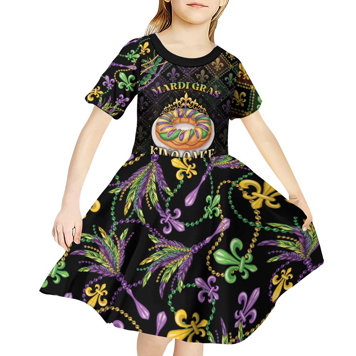 Personalized Mardi Gras Kid Short Sleeve Dress King Cake Royal