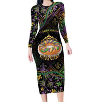 Personalized Mardi Gras Long Sleeve Bodycon Dress King Cake Royal