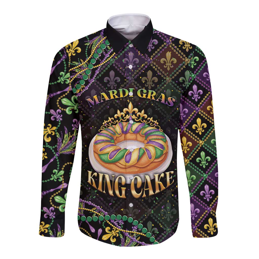 Personalized Mardi Gras Long Sleeve Button Shirt King Cake Royal