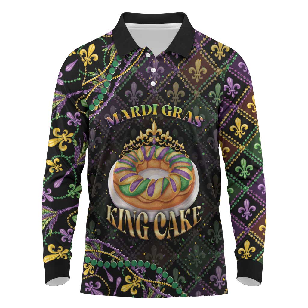 Personalized Mardi Gras Long Sleeve Polo Shirt King Cake Royal