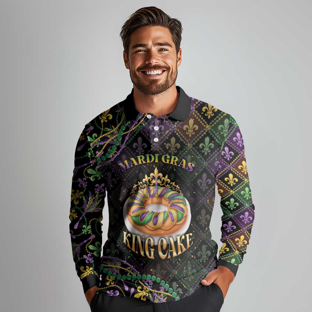 Personalized Mardi Gras Long Sleeve Polo Shirt King Cake Royal