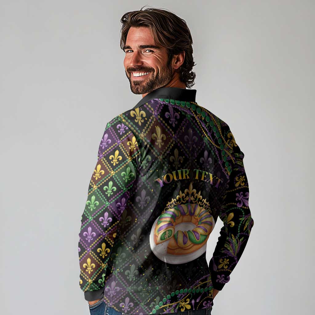 Personalized Mardi Gras Long Sleeve Polo Shirt King Cake Royal
