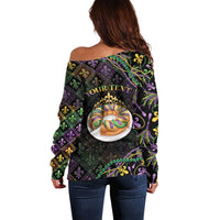 Personalized Mardi Gras Off Shoulder Sweater King Cake Royal