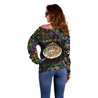Personalized Mardi Gras Off Shoulder Sweater King Cake Royal