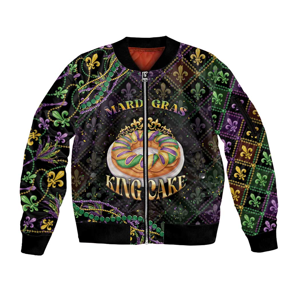 Personalized Mardi Gras Sleeve Zip Bomber Jacket King Cake Royal