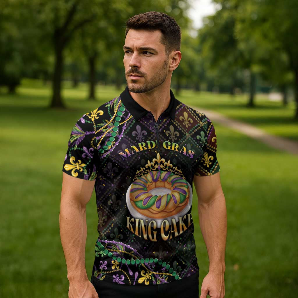 Personalized Mardi Gras Zipper Polo Shirt King Cake Royal