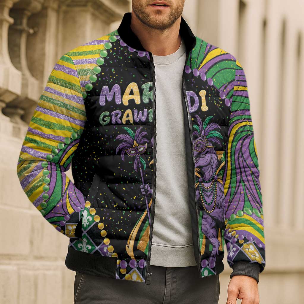 Mardi Gras Bomber Puffer Jacket King Rex Glitter Effect