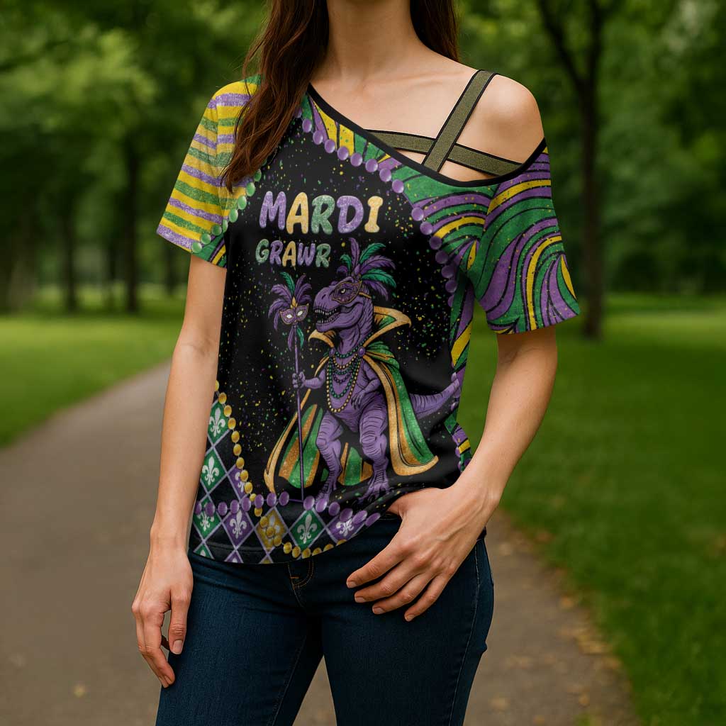 Mardi Gras Cross Shoulder Shirt King Rex Glitter Effect