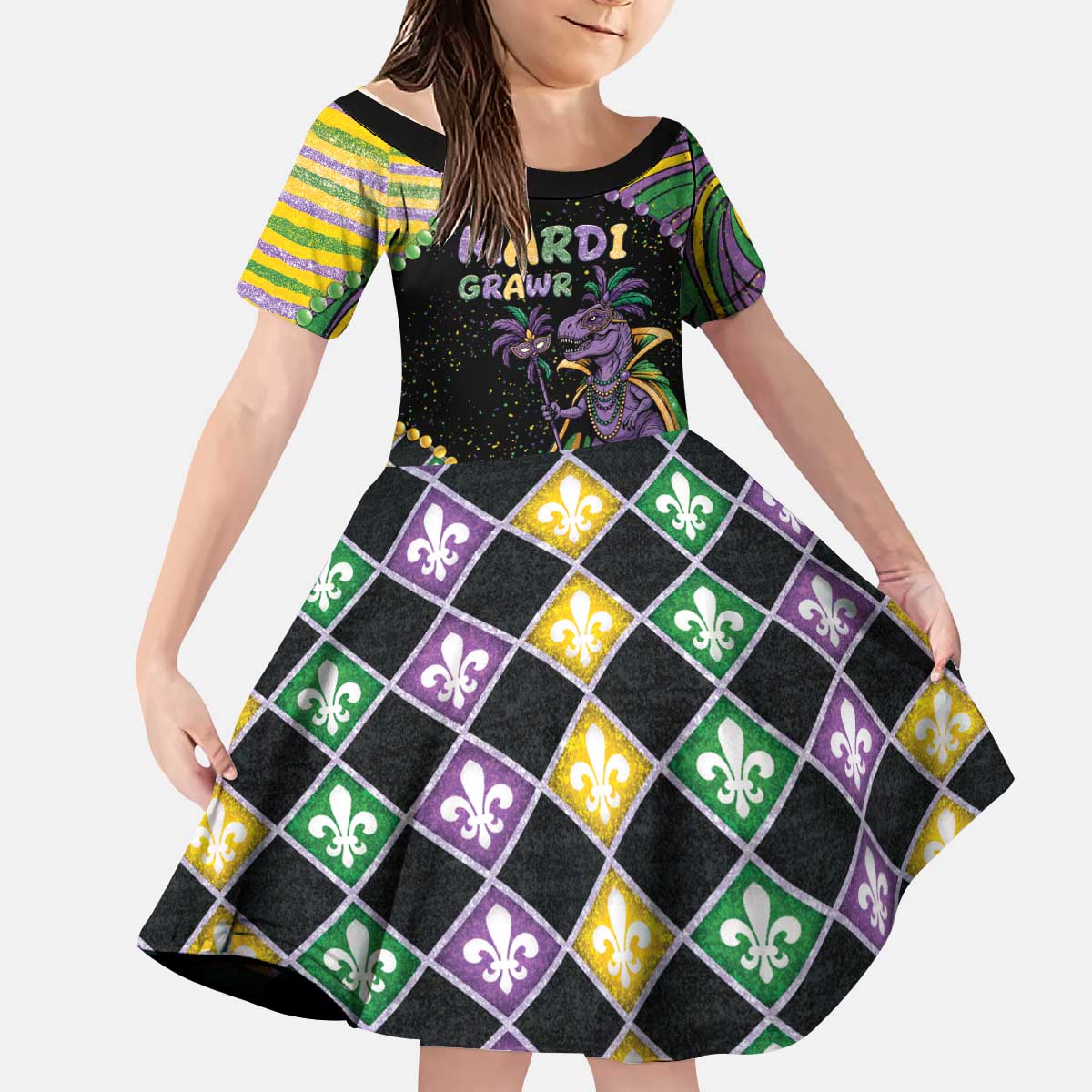 Mardi Gras Kid Short Sleeve Dress King Rex Glitter Effect