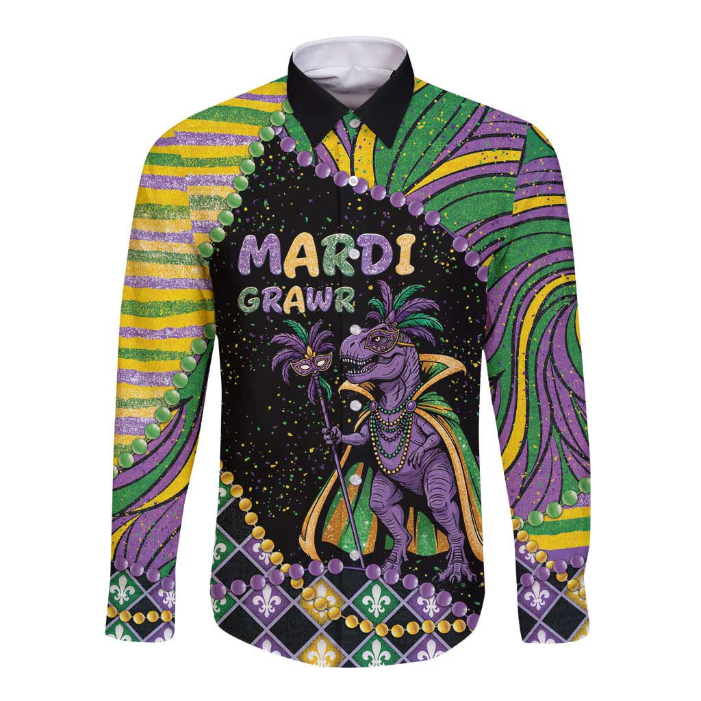 Mardi Gras Long Sleeve Button Shirt King Rex Glitter Effect
