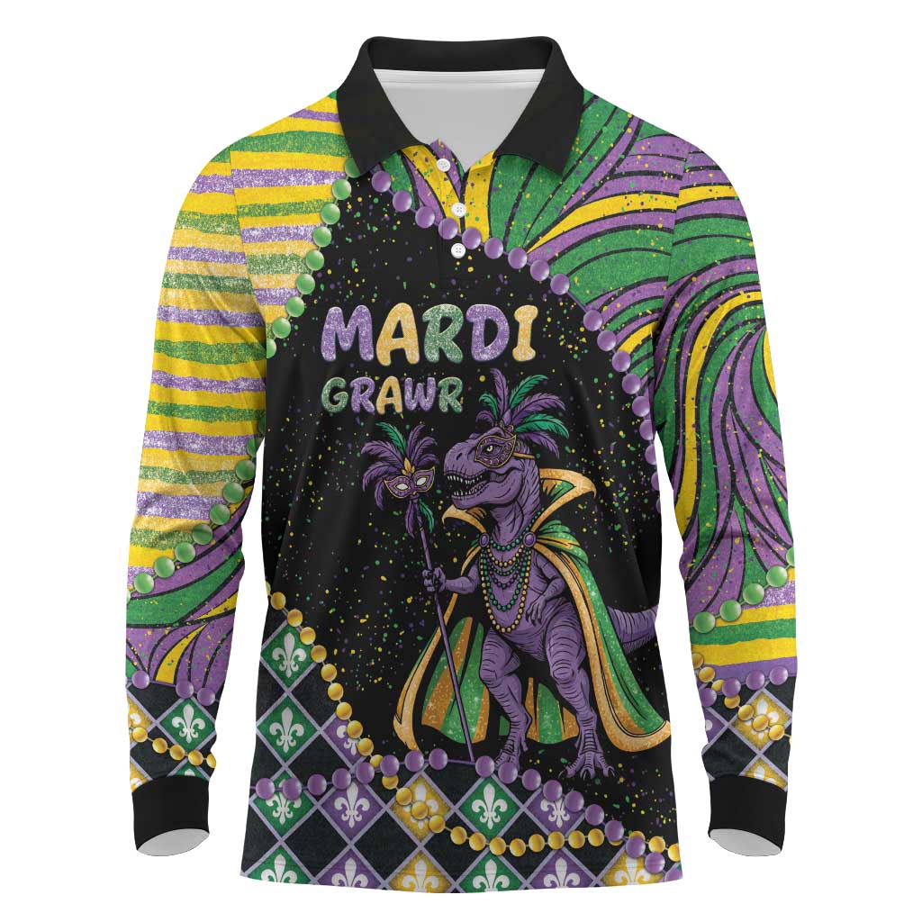 Mardi Gras Long Sleeve Polo Shirt King Rex Glitter Effect