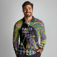 Mardi Gras Long Sleeve Polo Shirt King Rex Glitter Effect