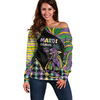 Mardi Gras Off Shoulder Sweater King Rex Glitter Effect