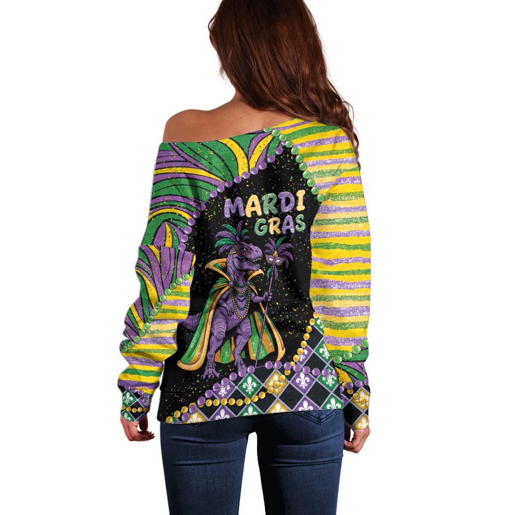 Mardi Gras Off Shoulder Sweater King Rex Glitter Effect