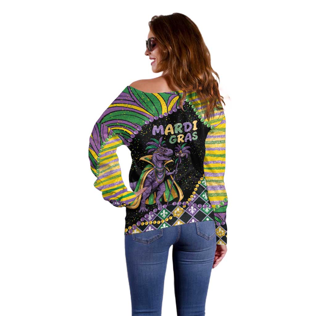 Mardi Gras Off Shoulder Sweater King Rex Glitter Effect