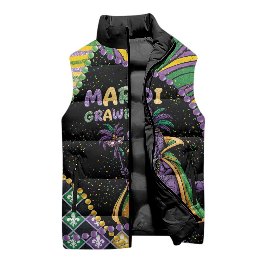 Mardi Gras Sleeveless Puffer Jacket King Rex Glitter Effect