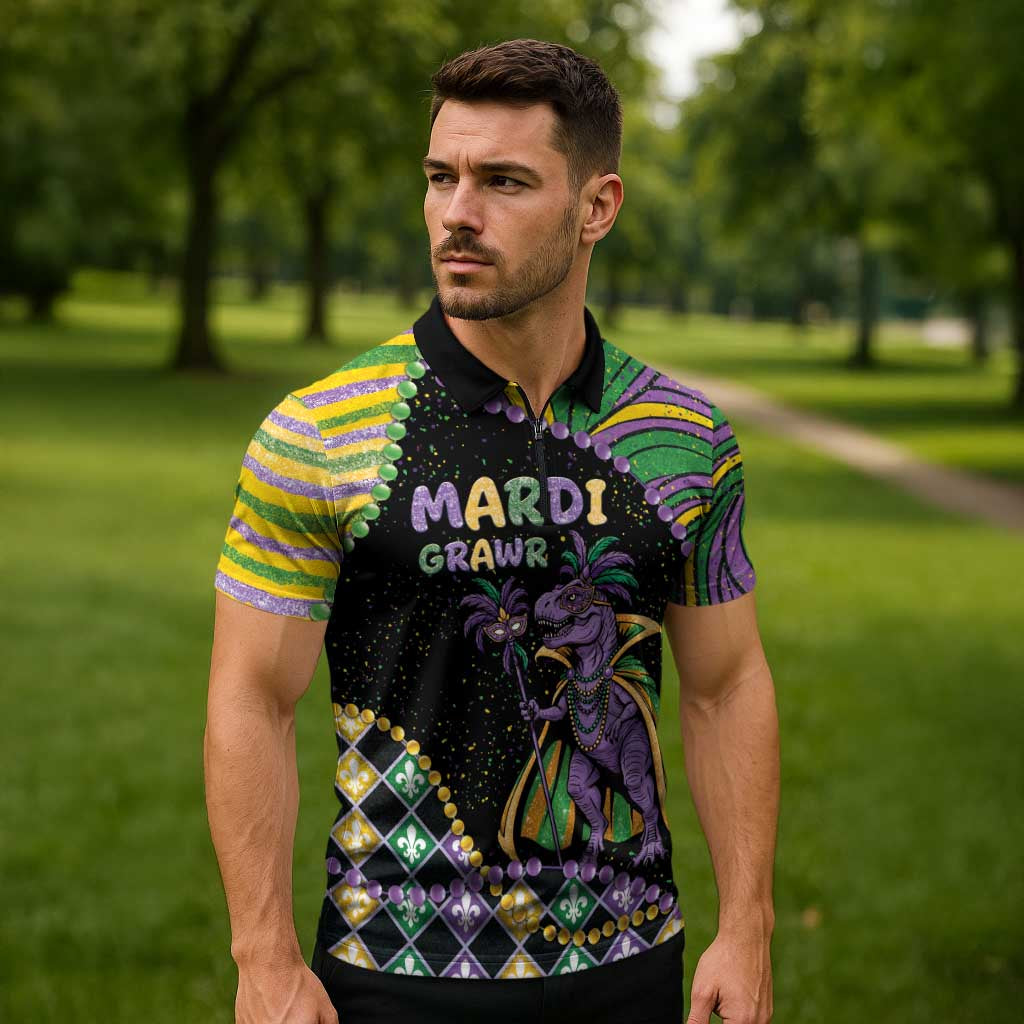 Mardi Gras Zipper Polo Shirt King Rex Glitter Effect