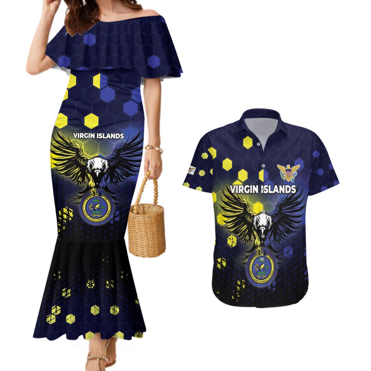 Personalized United States Virgin Islands Couples Matching Mermaid Dress and Hawaiian Shirt Eagle Bird Unique Style - Wonder Print Shop