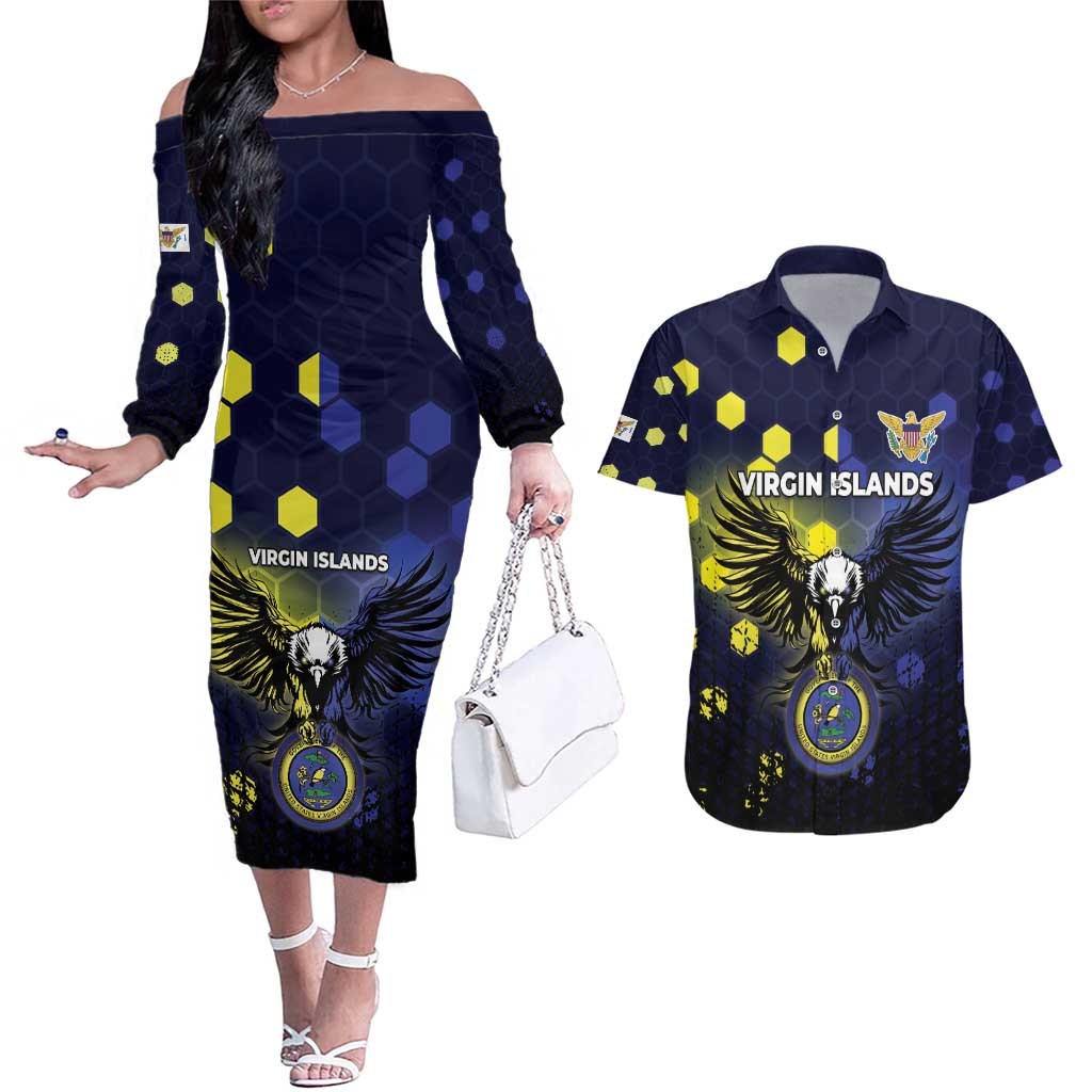 Personalized United States Virgin Islands Couples Matching Off The Shoulder Long Sleeve Dress and Hawaiian Shirt Eagle Bird Unique Style - Wonder Print Shop