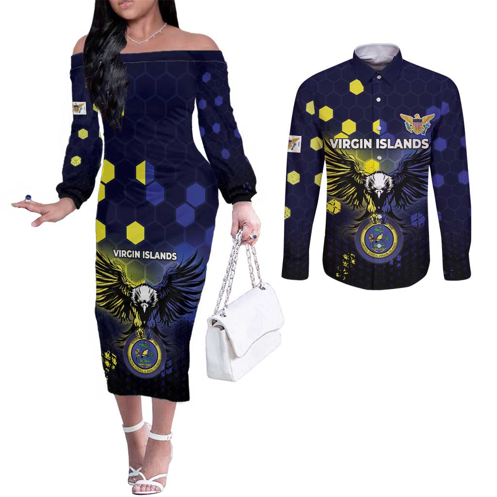 Personalized United States Virgin Islands Couples Matching Off The Shoulder Long Sleeve Dress and Long Sleeve Button Shirt Eagle Bird Unique Style - Wonder Print Shop