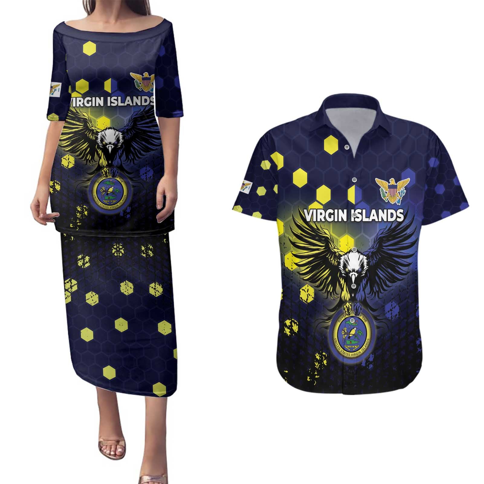 Personalized United States Virgin Islands Couples Matching Puletasi and Hawaiian Shirt Eagle Bird Unique Style - Wonder Print Shop