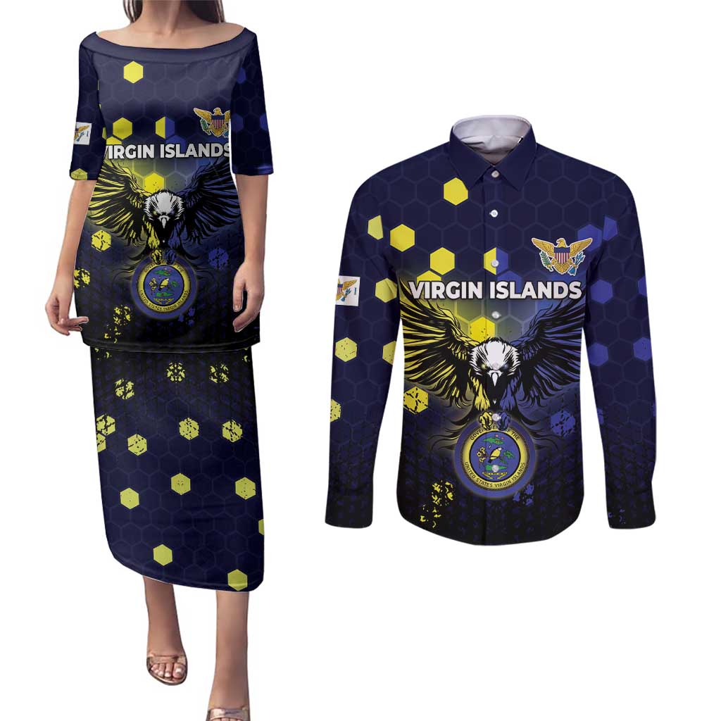 Personalized United States Virgin Islands Couples Matching Puletasi and Long Sleeve Button Shirt Eagle Bird Unique Style - Wonder Print Shop