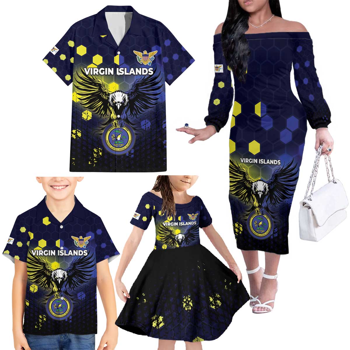 Personalized United States Virgin Islands Family Matching Off The Shoulder Long Sleeve Dress and Hawaiian Shirt Eagle Bird Unique Style - Wonder Print Shop