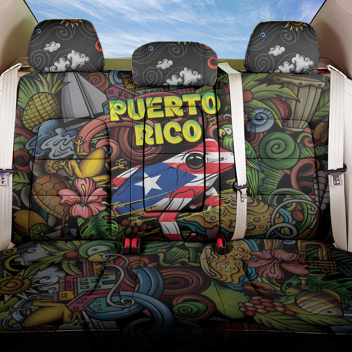 Puerto Rico Back Car Seat Cover The Coqui Frog Tropical Doodle Style - Wonder Print Shop