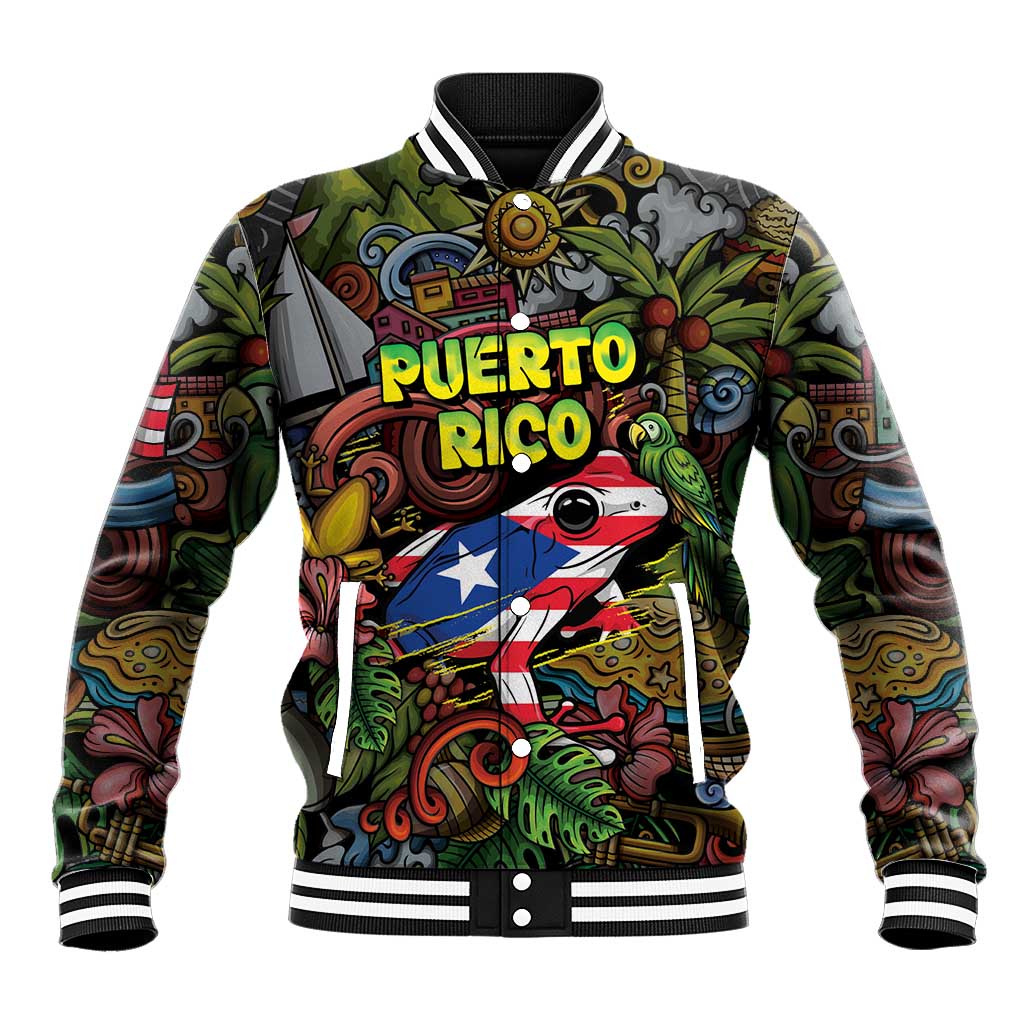 Personalized Puerto Rico Baseball Jacket The Coqui Frog Tropical Doodle Style - Wonder Print Shop