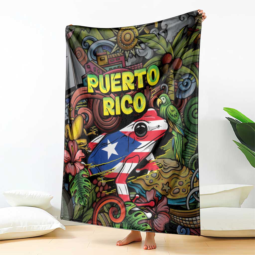 Puerto Rico Blanket The Coqui Frog Tropical Doodle Style - Wonder Print Shop