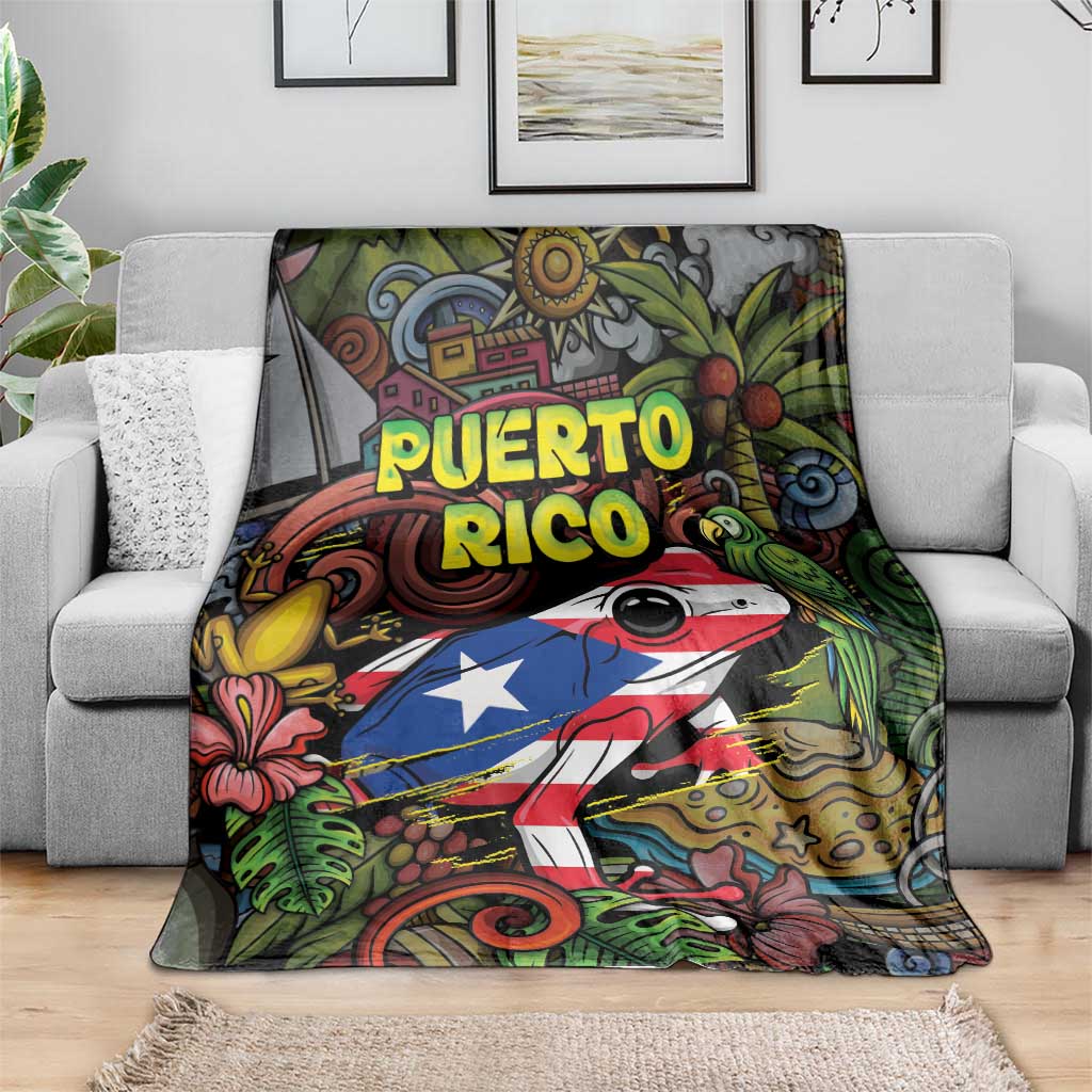 Puerto Rico Blanket The Coqui Frog Tropical Doodle Style - Wonder Print Shop