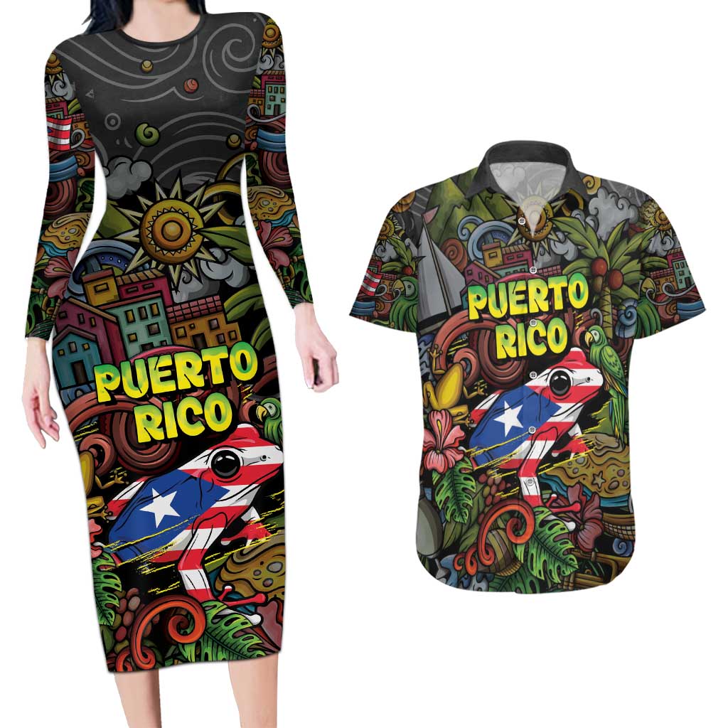 Personalized Puerto Rico Couples Matching Long Sleeve Bodycon Dress and Hawaiian Shirt The Coqui Frog Tropical Doodle Style - Wonder Print Shop