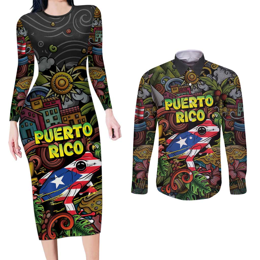 Personalized Puerto Rico Couples Matching Long Sleeve Bodycon Dress and Long Sleeve Button Shirt The Coqui Frog Tropical Doodle Style - Wonder Print Shop