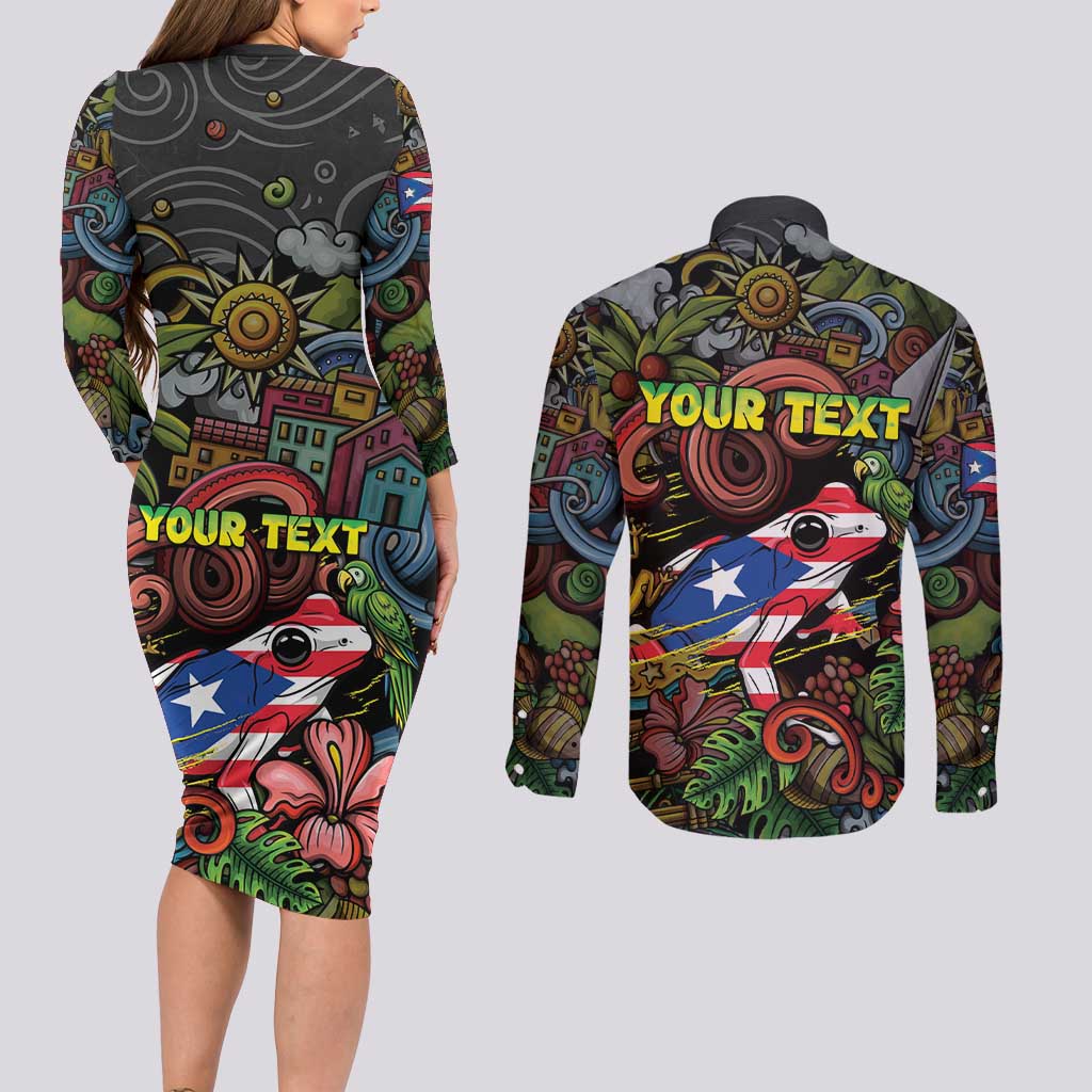 Personalized Puerto Rico Couples Matching Long Sleeve Bodycon Dress and Long Sleeve Button Shirt The Coqui Frog Tropical Doodle Style - Wonder Print Shop
