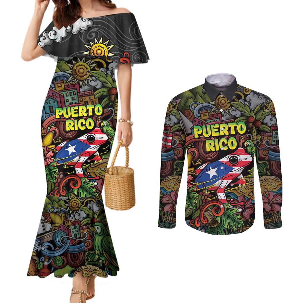 Personalized Puerto Rico Couples Matching Mermaid Dress and Long Sleeve Button Shirt The Coqui Frog Tropical Doodle Style - Wonder Print Shop