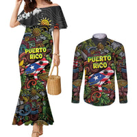 Personalized Puerto Rico Couples Matching Mermaid Dress and Long Sleeve Button Shirt The Coqui Frog Tropical Doodle Style - Wonder Print Shop
