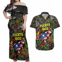 Personalized Puerto Rico Couples Matching Off Shoulder Maxi Dress and Hawaiian Shirt The Coqui Frog Tropical Doodle Style - Wonder Print Shop