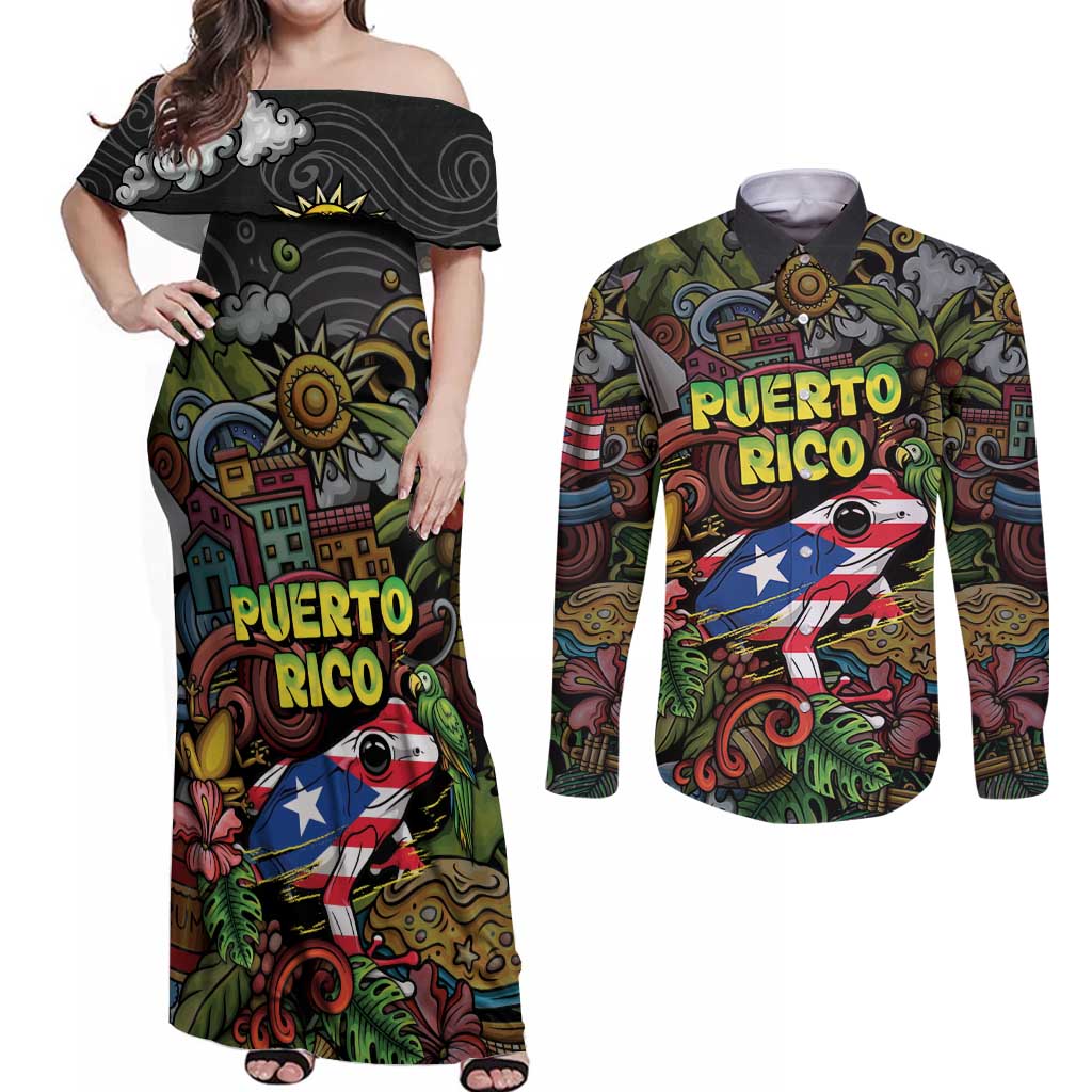 Personalized Puerto Rico Couples Matching Off Shoulder Maxi Dress and Long Sleeve Button Shirt The Coqui Frog Tropical Doodle Style - Wonder Print Shop