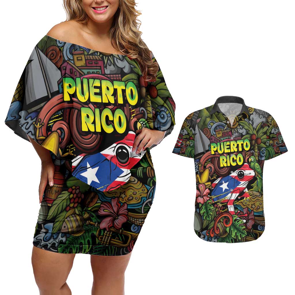 Personalized Puerto Rico Couples Matching Off Shoulder Short Dress and Hawaiian Shirt The Coqui Frog Tropical Doodle Style - Wonder Print Shop