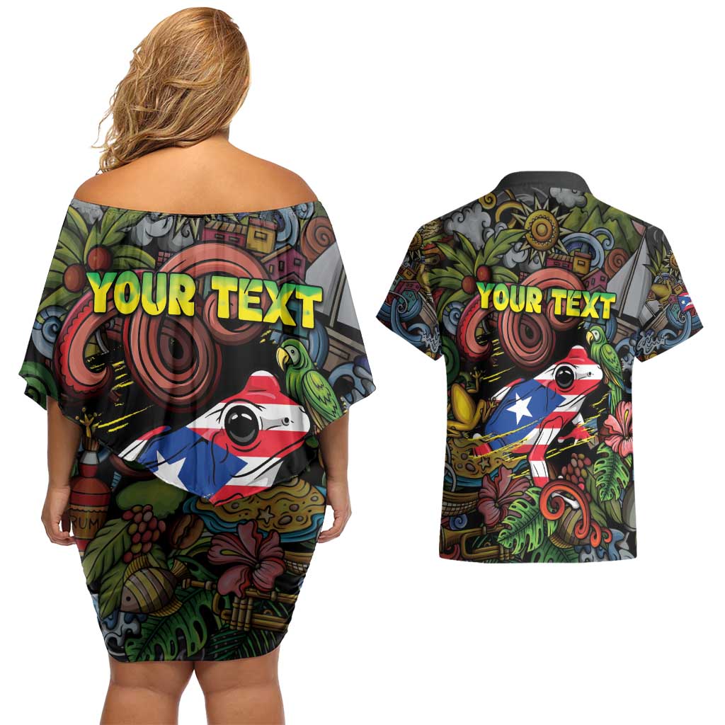 Personalized Puerto Rico Couples Matching Off Shoulder Short Dress and Hawaiian Shirt The Coqui Frog Tropical Doodle Style - Wonder Print Shop