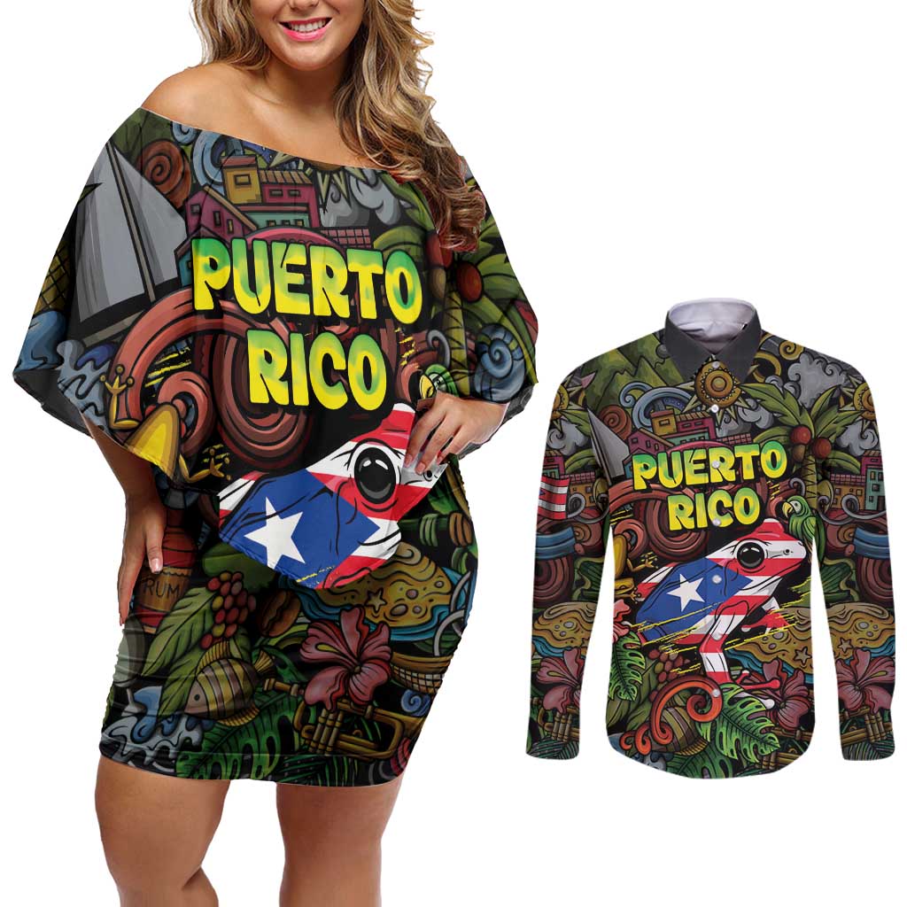 Personalized Puerto Rico Couples Matching Off Shoulder Short Dress and Long Sleeve Button Shirt The Coqui Frog Tropical Doodle Style - Wonder Print Shop
