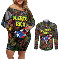 Personalized Puerto Rico Couples Matching Off Shoulder Short Dress and Long Sleeve Button Shirt The Coqui Frog Tropical Doodle Style - Wonder Print Shop