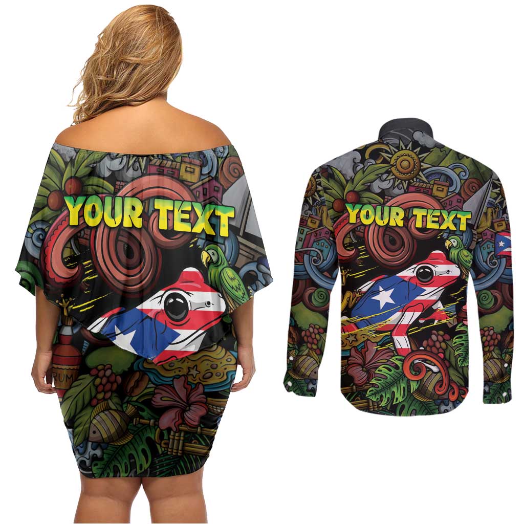 Personalized Puerto Rico Couples Matching Off Shoulder Short Dress and Long Sleeve Button Shirt The Coqui Frog Tropical Doodle Style - Wonder Print Shop