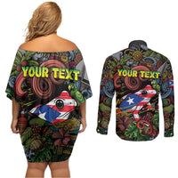Personalized Puerto Rico Couples Matching Off Shoulder Short Dress and Long Sleeve Button Shirt The Coqui Frog Tropical Doodle Style - Wonder Print Shop