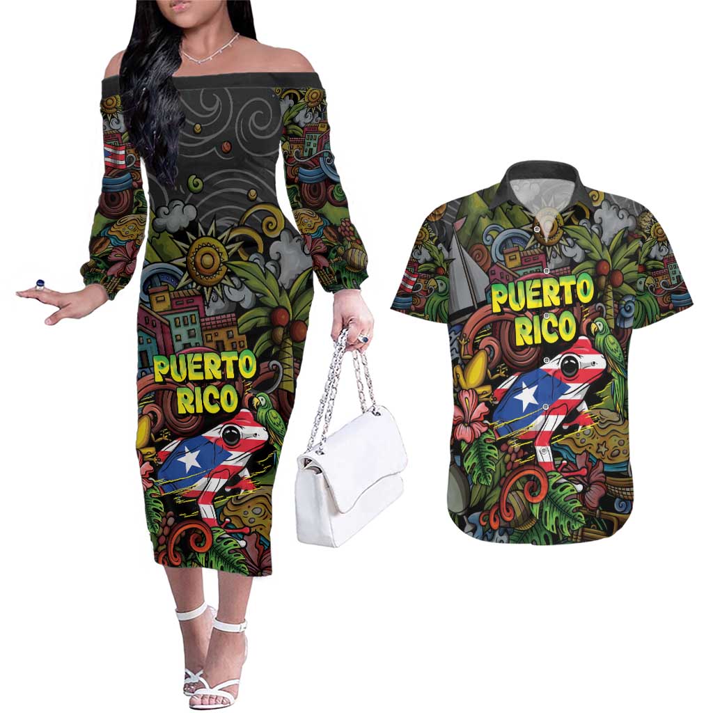 Personalized Puerto Rico Couples Matching Off The Shoulder Long Sleeve Dress and Hawaiian Shirt The Coqui Frog Tropical Doodle Style - Wonder Print Shop