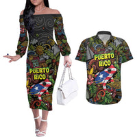 Personalized Puerto Rico Couples Matching Off The Shoulder Long Sleeve Dress and Hawaiian Shirt The Coqui Frog Tropical Doodle Style - Wonder Print Shop